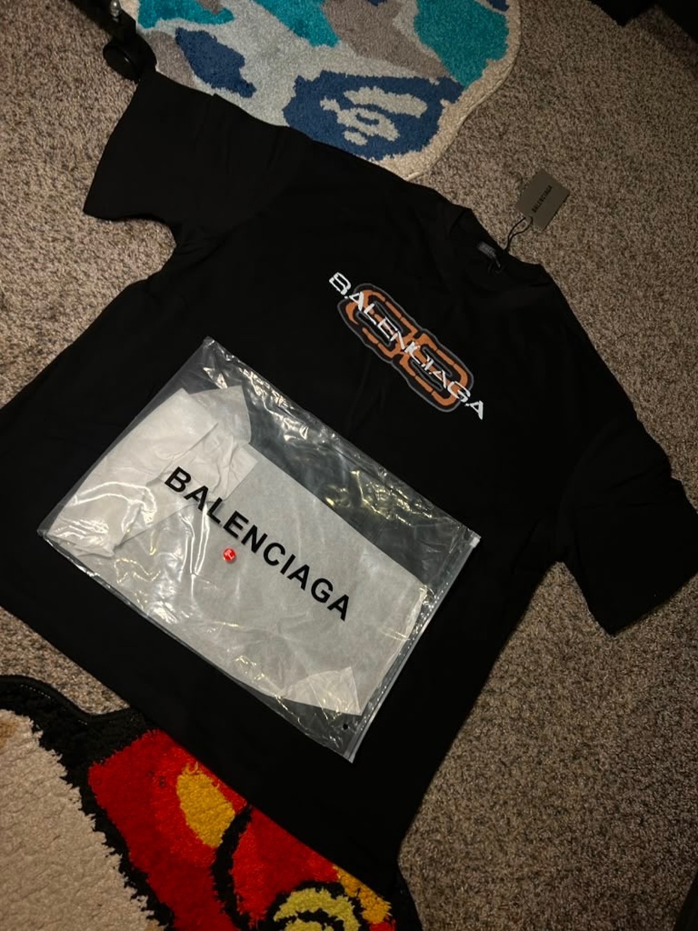 Balenciaga Black Kids Tee with Orange and White Logo